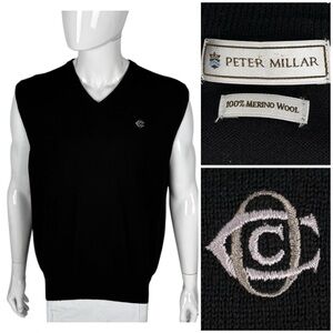 Peter Millar Mens Large Vest Black 100% Merino Wool Oakmont Country Club Golf
